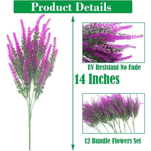 12 Bundles Artificial Lavender Flowers Outdoor UV Resistant Fake Flowers(Purple) - Picture 6 of 7